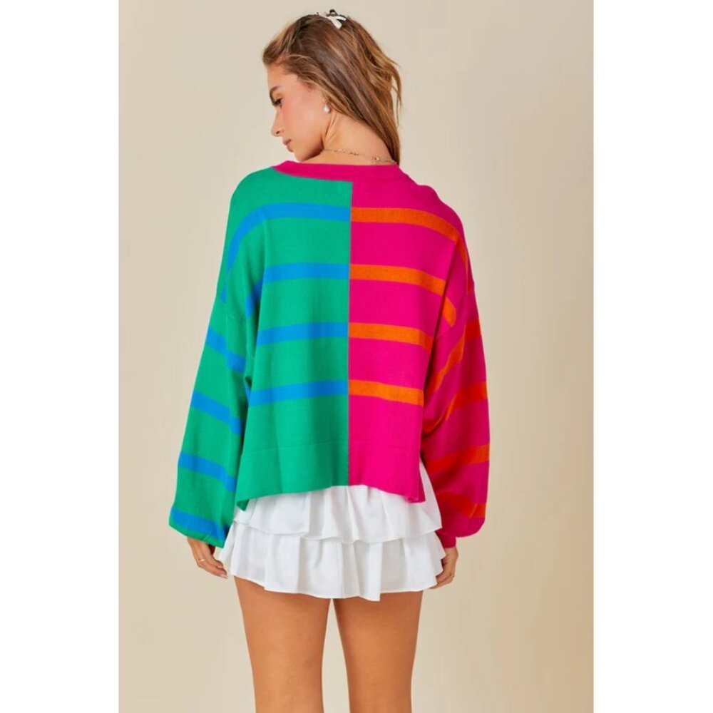 day + moon Sz. L Colorblock Cropped Striped Knit Sweater - Picture 4 of 15